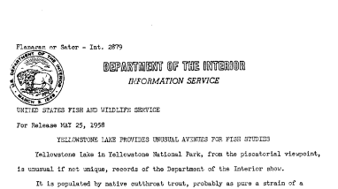 Yellowstone Lake Provides Unusual Avenues for Fish Studies May 25, 1958