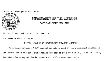 Prices Advance at Government Fur-Seal Auction June 11, 1958