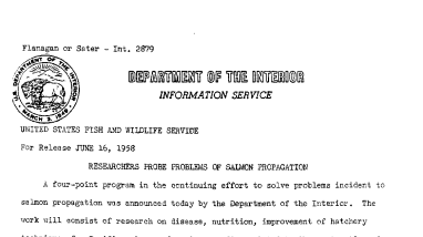 Researchers Probe Problems of Salmon Propagation June 16, 1958