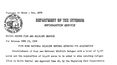 Four More National Wildlife Refuges Approved for Acquisition June 19, 1958