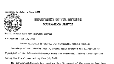 Seaton Allocates $5,042,000 for Commercial Fishery Studies July 13, 1958