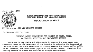 "Outside Dates" Established for Hunting of Doves, Rails, Gallinules, Woodcock, and Band-Tailed Pigeons July 18, 1958