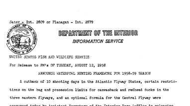 Announce Waterfowl Hunting Framework for 1958-59 Season August 12, 1958