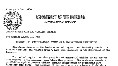 Changes and Clearifications Issued on Basic Waterfowl Regulations August 15, 1958