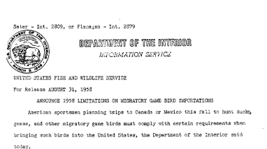 Announce 1958 Limitations on Migratory Game Bird Importations August 31, 1958