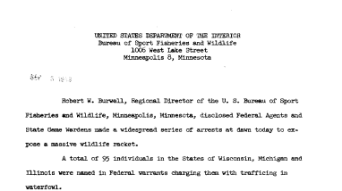 From Bsfw Regional Office, Minnesota Robert Burwell, Regional Director, Disclosed Federal Agents and State Game Wardens Made A Widespread Series of Arrests September 5, 1958