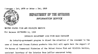 Interior Department Aids Fish Sale Campaign September 12, 1958 A