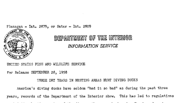 Three Dry Years in Nesting Areas Hurt Diving Ducks September 28, 1958 A