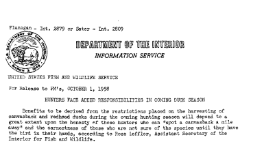 Hunters Face Added Responsibilities in Coming Duck Season October 1, 1958