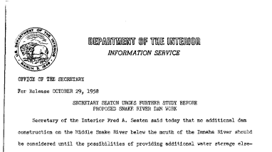 Secretary Seaton Urges Further Study Before Proposed Snake River Dam Work October 29, 1958