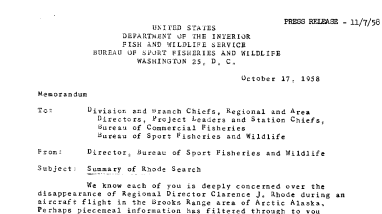 Regional Summary of Rhodes Search Disappearance of Regional Director Clarence J. Rhode During Aircraft Flight in Brroks Range Area of Artic Alaska October 17, 1958