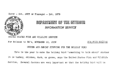 Oyster and Shrimp Stuffing for the Holiday Bird November 10, 1958