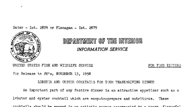 Lobster and Oyster Cocktails for Your Thanksgiving Dinner November 13, 1958