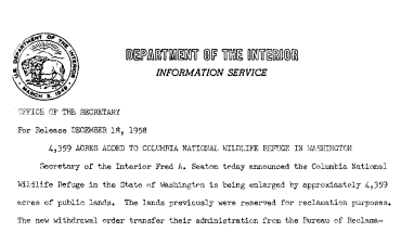 4,359 Acres Added to Columbia National Wildlife Refuge in Washington December 18, 1958
