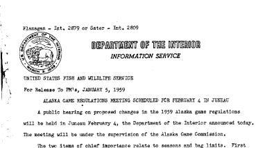 Alaska Game Regulations Meeting Scheduled for February 4 in Juneau Jnauary 5, 1959