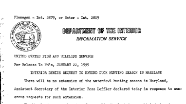 Interior Denies Request to Extend Duck Hunting Season in Maryland January 22, 1959 A