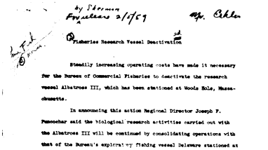 (regional-Gloucester) Fisheries Research Vessel Deactivated (Albatross Iii) February 5, 1959
