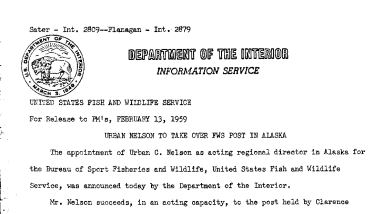Urban Nelson to Take Over FWS Post in Alaska February 13, 1959
