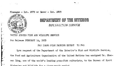 Foa Loans Fish Farming Expert to FWS February 14, 1959