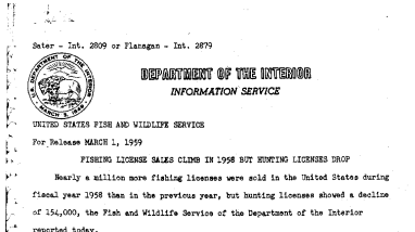 Fishing License Sales Climb in 1958 but Hunting Licenses Drop March 1, 1959