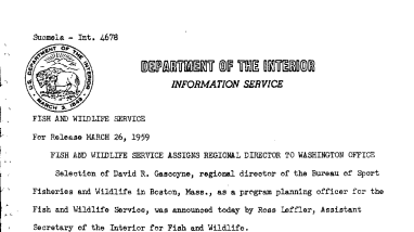 Fish and Wildlife Service Assigns Regional Director to Washington Office March 26, 1959