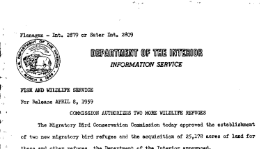 Commission Authorizes Two More Wildlife Refuges April 8, 1959