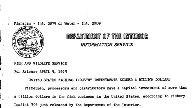 United States Fishing Industry Investments Exceed A Billion Dollars April 9, 1959 B