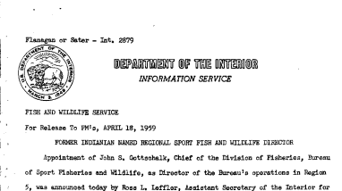 Former Indianian Named Regional Sport Fish and Wildlife Director April 18, 1959