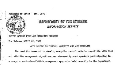 Ways Sought to Control Mosquito and Aid Wildlife April 22, 1959 A