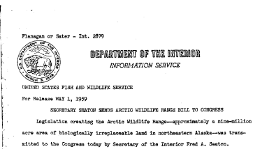 Secretary Seaton Sends Arctic Wildlife Range Bill to Congress May 1, 1959