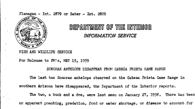 Sonoran Antelope Disappear From Cabeza Prieta Game Range May 15, 1959 A