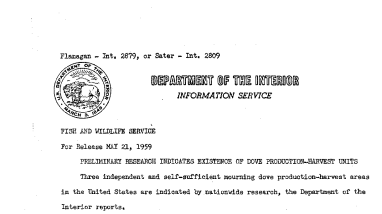 Preliminary Research Indicates Existence of Dove Production-Harvest Units May 21, 1959 A