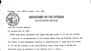 Desert Game Range Classified Into Areas Open and Closed to Oil and Gas Leasing May 21, 1959 C