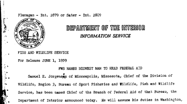 FWS Names Midwest Man to Head Federal Aid June 1, 1959 A