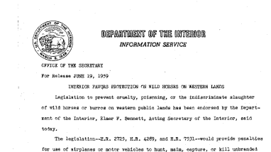 Interior Favors Protection on Wild Horses on Western Lands June 19, 1959