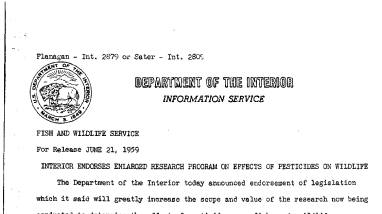 Interior Endorses Enlarged Research Program on Effects of Pesticides on Wildlife June 21, 1959