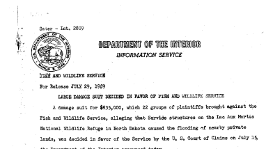 Large Damage Suit Decided in Favor of Fish and Wildlife Service July 29, 1959