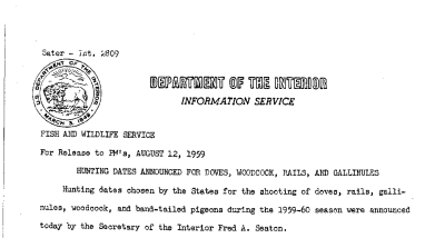 Hunting Dates Announced for Doves, Woodcock, Rails, and Gallinules August 12, 1959