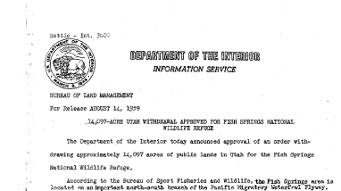 14,097 Acre Utah Withdrawal Approved for Fish Springs National Wildlife Refuge August 14, 1959