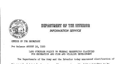 Land Purchase Policy on Federal Reservoirs Clarified for Recreation and Fish and Wildlife Development August 18, 1959