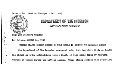 United States Import Limits on Wild Ducks to Conform to Canadian Limits August 24, 1959