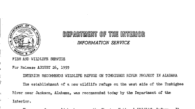 Interior Recommends Wildlife Refuge on Tombigbee River Project in Alabama August 26, 1959