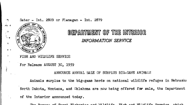 Announce Annual Sale of Surplus Big-Game Animals August 30, 1959