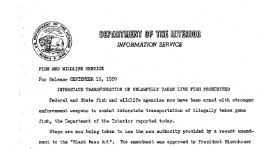 Interstate Transportation of Unlawfully Taken Live Fish Prohibited September 15, 1959