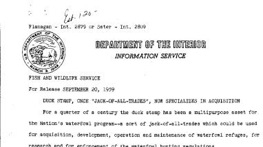 Duck Stamp, Once “jack-Of-All-Trades”, Now Specializes in Acquisition September 20, 1959