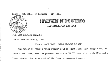 Federal "Duck Stamp" Sales Decline in 1959 October 4, 1959