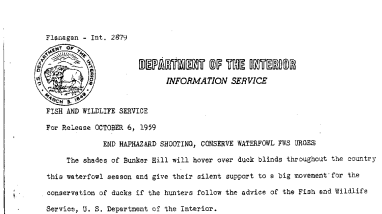 End Haphazard Shooting, Conserve Waterfowl FWS Urges October 6, 1959