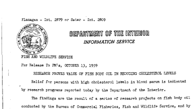 Research Proves Value of Fish Body Oil in Reducing Cholesterol Levels October 13, 1959