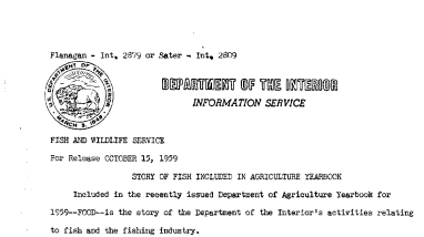 Story of Fish Included in Agriculture Yearbook October 15, 1959