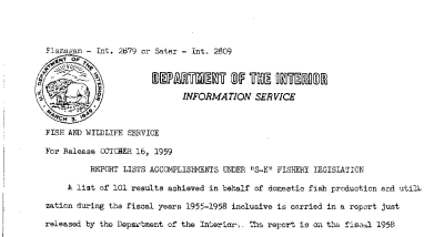 Report Lists Accomplishments Under "s-K" Fishery Legislation October 16, 1959